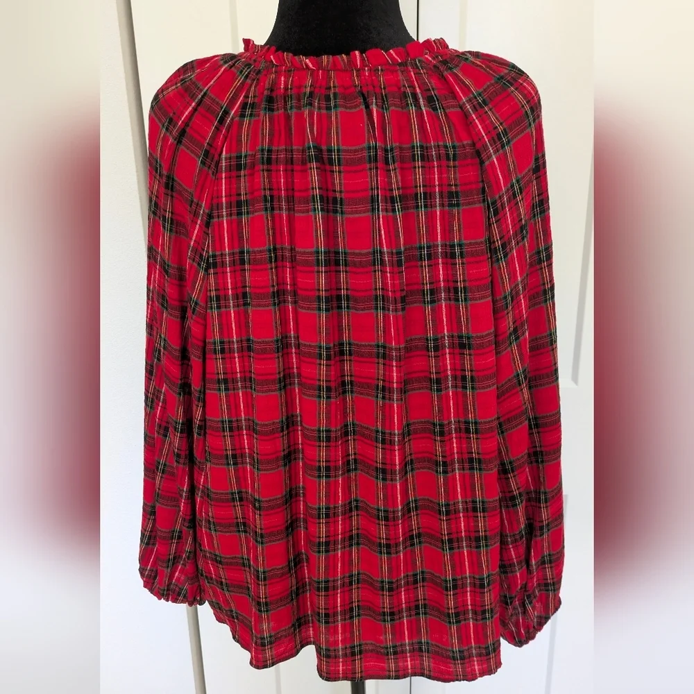 OLD NAVY Pullover Peasant Top Women 2X Red Buffalo Plaid Puff Sleeves V-neck New